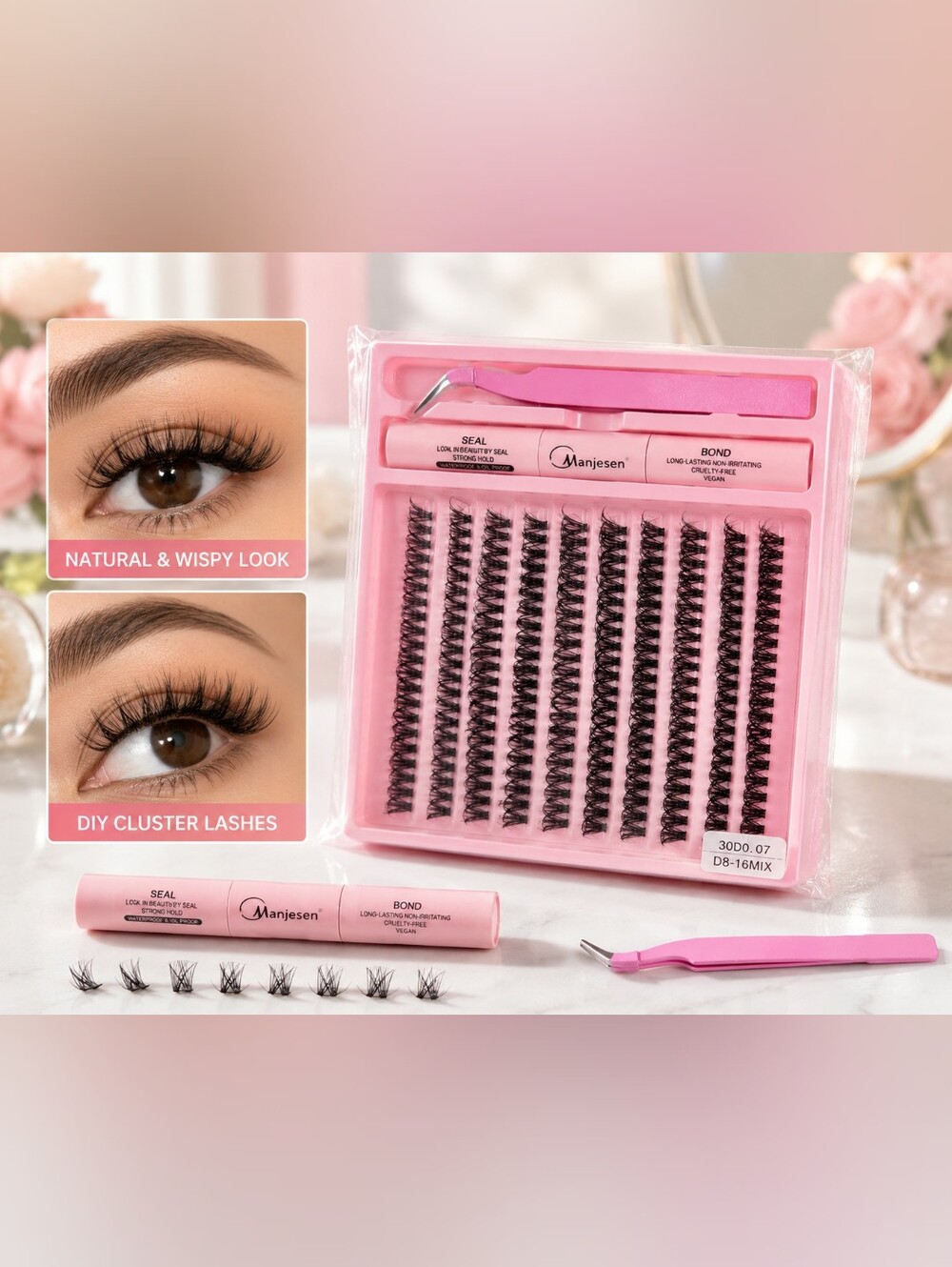 MAN'JE'SEN DIY Lash Extension Kit 200PC 30D D Curl 8-16mm Mixed Cluster Lashes